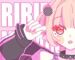  1girl :o absurdres black_collar black_jacket blunt_bangs blush_stickers clenched_hand collar colored_inner_hair commentary grey_hair hair_intakes hand_up highres jacket looking_up makaino_ririmu makaino_ririmu_(6th_costume) msama_yade multicolored_hair multicolored_hair_bobbles nail_polish nijisanji no_headwear o-ring_collar open_clothes open_jacket pink_background pink_hair pink_jacket pink_nails pink_streaks pink_theme plaid_clothes pointy_ears polka_dot portrait red_eyes short_hair sleeves_past_wrists solo spiked_collar spikes split_crop streaked_hair text_background two-sided_fabric two-sided_jacket two-tone_hair two_side_up untranslatable_commentary upturned_eyes virtual_youtuber wolf_cut 