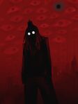  1other black_sun cityscape colehairlesscat cowboy_shot crown dreadlocks glowing glowing_eyes highres long_hair multicolored_eyes original red_background starry_skin sun two-tone_eyes 