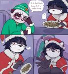  3_panel_comic anthro bear black_body black_fur blue_hair christmas christmas_clothing christmas_headwear clothing dot_eyes duo elf_costume english_text eye_spots female femboy fur giant_panda hair hat headgear headwear hi_res holidays inner_monologue louis_(pandear) male mammal multicolored_body multicolored_fur narrowed_eyes nervous nervous_smile open_mouth pandear purple_body purple_fur santa_hat simple_eyes text thinking thought_bubble two_tone_body two_tone_fur white_body white_fur white_hair wide_eyed 