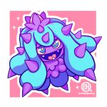  artist_logo artist_name blue_eyes colored_sclera erinhalpennyart fangs logo looking_at_viewer mareanie no_humans open_mouth outline pink_background pokemon pokemon_(creature) solo sparkle spikes white_outline yellow_sclera 