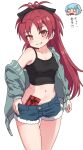  2girls bare_shoulders black_bow black_shirt blue_hair blue_shorts blush bow breasts chibi chibi_inset collarbone commentary_request crop_top denim denim_shorts feet_out_of_frame fortissimo gift green_jacket hair_bow hair_ornament hand_on_own_hip head_only highres jacket jacket_partially_removed long_hair long_sleeves looking_at_viewer mahou_shoujo_madoka_magica midriff miki_sayaka multiple_girls musical_note musical_note_hair_ornament navel open_mouth parted_lips ponytail puella_anko red_eyes red_hair red_ribbon ribbon sakura_kyoko shirt short_shorts shorts simple_background skinny sleeveless sleeveless_shirt small_breasts smile stomach teasing teeth thigh_gap valentine white_background wide-eyed 