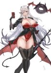 1girl azur_lane bat_wings black_gloves black_tailcoat black_thighhighs boots box breasts choker cleavage commentary_request cropped_jacket cross cross_choker donut dunkerque_(azur_lane) dunkerque_(meta)_(azur_lane) food framed_breasts gift gift_box gloves grey_hair hair_over_one_eye highres holding holding_gift huge_breasts large_breasts leotard long_hair long_sleeves looking_at_viewer low_wings red_eyes red_leotard simple_background soul_(dp11) strapless sword thighhighs very_long_hair weapon white_background wings 