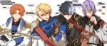  4boys anger_vein aoyagi_touya black_gloves blonde_hair blue_hair changbusheng chinese_text clenched_hand closed_eyes closed_mouth collared_shirt commentary crossed_arms curtained_hair gloves gradient_hair green_eyes hand_on_another's_shoulder hand_up highres holding holding_notebook kaitou_shinshi_no_harahara!?_white_day_(project_sekai) kamishiro_rui long_sleeves looking_at_viewer male_focus mole mole_under_eye monocle multicolored_hair multiple_boys nervous_sweating never_give_up_cooking!_(project_sekai) notebook official_alternate_costume official_alternate_hairstyle open_hand open_mouth orange_eyes orange_hair parted_hair project_sekai purple_hair shinonome_nano shirt short_hair simple_background smile speech_bubble split-color_hair streaked_hair sweat tenma_tsukasa translation_request twitter_username two-tone_hair untranslatable_commentary upper_body watermark white_background 