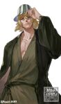  1boy absurdres arendt_0509 artist_name beard_stubble bleach blonde_hair bucket_hat closed_mouth collarbone commentary_request cowboy_shot facial_hair green_eyes green_haori green_kimono hair_between_eyes hand_on_headwear haori hat highres japanese_clothes kimono looking_at_viewer male_focus smile solo stubble urahara_kisuke white_background 