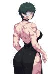  1girl absurdres ass backless_dress backless_outfit bandage_over_one_eye bare_back black_choker black_dress breasts burn_scar choker curvy dress from_behind glasses gratam green_hair highres huge_ass jujutsu_kaisen large_breasts looking_at_viewer muscular muscular_female scar scar_on_face scars_all_over short_hair side_slit sideboob solo tight_clothes tight_dress tomboy twitter_username white_background wide_hips zen'in_maki zen'in_maki_(post_shibuya) 