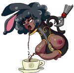 absurd_res after_transformation black_hair bnuy_dreams bodily_fluids breasts brown_body brown_skin genitals gynomorph hair hi_res humanoid intersex ladypot lagomorph limbless mammal objectification penis solo tongue tongue_out unusual_anatomy unusual_bodily_fluids where_is_your_god_now