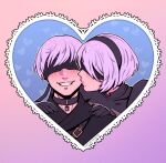  1boy 1girl 2b_(nier:automata) 9s_(nier:automata) black_choker black_dress black_gloves black_hairband black_jacket blindfold blue_background blush border choker couple dress gloves grey_hair grin hair_between_eyes hairband hands_on_another's_shoulders hetero highres jacket kiss kissing_cheek mole mole_under_mouth nier:automata nier_(series) parted_lips pendant_choker pink_border short_hair smile tatjasng12 teeth turtleneck turtleneck_dress upper_body 