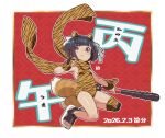  1girl :< animal_ears animal_print black_hair black_sandals breasts brown_eyes brown_gloves brown_leotard brown_scarf closed_mouth club_(weapon) commentary_request dated fingerless_gloves fox_ears fox_girl fox_tail full_body gloves holding holding_club holding_weapon horns kanabou kitsune knee_pads kukuri_(mawaru) leotard mawaru_(mawaru) original print_gloves print_leotard print_scarf sandals scarf single_glove single_knee_pad small_breasts solo tail tiger_print translation_request weapon 