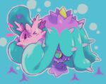  abstract_background blue_background blue_eyes colored_sclera corsola cozroid fangs looking_at_viewer mareanie one_eye_closed pokemon pokemon_(creature) spikes yellow_sclera 