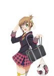  1girl artist_request bag ball black_jacket breasts brown_hair checkered_clothes checkered_skirt cowboy_shot from_behind from_side game_cg glasses green_eyes hair_ribbon holding holding_bag holding_rope jacket leia_rolando looking_at_viewer official_alternate_costume official_art open_mouth pink_skirt ribbon rope salute school_bag school_uniform shirt short_hair skirt soccer_ball solo standing tales_of_(series) tales_of_asteria tales_of_xillia teepo_(tales) thighhighs thighs third-party_source transparent_background white-framed_eyewear white_shirt white_thighhighs 