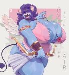 areola arrow_(weapon) between_breasts big_breasts biped blue_body bow_(weapon) breasts clothed clothing feathered_wings feathers female glistening glistening_body hair hair_over_eyes hi_res huge_breasts humanoid mature_female not_furry peculiart pink_clothing purple_hair ranged_weapon spade_tail tail thick_thighs weapon wings