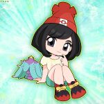  1girl abstract_background absurdres aqua_shorts beanie black_eyes black_hair black_shoes chibi fangs hat highres looking_at_viewer mareanie meryizza multicolored_shoes pokemon pokemon_(creature) pokemon_sm red_hat red_shoes selene_(pokemon) shirt shoes short_hair short_shorts short_sleeves shorts sitting spikes two-tone_shoes yellow_shirt 