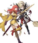  2girls armor ass black_dress black_gloves boots breastplate breasts cape celica_(fire_emblem) celica_(warrior_princess)_(fire_emblem) clenched_teeth dress feather_trim fire_emblem fire_emblem_echoes:_shadows_of_valentia fire_emblem_heroes gloves grey_hair high_heel_boots high_heels highres holding holding_staff long_hair medium_breasts multiple_girls non-web_source open_mouth pelvic_curtain red_boots red_cape red_eyes red_hair sheath shoulder_armor staff sword teeth tiara torn_cape torn_clothes veronica_(brave_princess)_(fire_emblem) veronica_(fire_emblem) weapon yellow_cape 