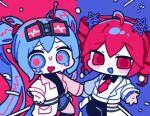  2girls absurdly_long_hair ahoge bandaid bandaid_on_face black_shirt blue_eyes blue_hair blue_shorts chibi collared_shirt commentary_request drill_hair dripping_eye eyewear_on_head goggles hatsune_miku highres jigen_tsuushin_(vocaloid) kasane_teto korean_commentary lab_coat long_hair looking_at_viewer miratsu_(miratsu169) multiple_girls necktie open_mouth pants reaching reaching_towards_viewer red_eyes red_hair red_necktie shirt shorts smile sweat synthesizer_v twin_drills twintails two-tone_background utau very_long_hair vocaloid wavy_mouth white_shirt 