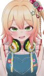  1girl absurdres arms_behind_back blonde_hair blue_overalls blush braid breasts center-flap_bangs character_print commentary_request denim denim_overalls dot_nose fang frilled_shirt frills gradient_hair green_eyes hair_ornament headphones headphones_around_neck heart highres hololive looking_at_viewer medium_hair momosuzu_nene momosuzu_nene_(7th_costume) multicolored_hair natsume_mina official_alternate_costume official_alternate_hairstyle open_mouth overalls pink_hair sanpaku shirt side_ponytail smile solo star_(symbol) star_hair_ornament upper_body virtual_youtuber white_background 