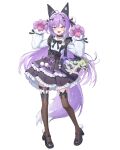 1girl absurdres ahoge animal_ears animal_hands arahashi_tabi ayatsuno_yuni bag belt_around_waist black_bag black_bow black_bowtie black_collar black_shoes black_skirt blue_eyes bow bowtie brown_thighhighs character_badge character_doll character_hair_ornament collar commentary doll ear_covers fang fox_ears fox_girl fox_tail frilled_skirt frills full_body gloves hair_ornament hair_ribbon handbag heart-shaped_bag heterochromia high-waist_skirt highres inari_(tenko_shibuki) kuromi long_hair long_sleeves multicolored_hair my_melody_(series) open_mouth paw_gloves pom_pom_(clothes) pom_pom_footwear pom_pom_hair_ornament purple_bow purple_bowtie purple_hair purple_ribbon ribbon sanrio shirt shoes simple_background skin_fang skirt solo stellive suis_(suis022511) tail tenko_shibuki thigh_strap thighhighs very_long_hair virtual_youtuber white_background white_hair white_shirt x_hair_ornament yellow_eyes yuzuha_riko 
