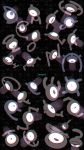  ^_^ absurdres autobottesla black_eyes closed_eyes commentary english_commentary floating gen_2_pokemon highres light looking_at_viewer looking_away no_humans pokemon pokemon_(creature) signature single_eye sweatdrop unown unownglyphics 