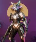 3_fingers alien anthro avian avian_caruncle axe face_covered feather_hair feathered_crest feathers female fingers fire_axe flat_chested fog full_armor glowing glowing_eyes gun halo_(series) head_crest holding_axe holding_object holding_ranged_weapon holding_submachine_gun holding_weapon kig-yar looking_at_viewer microsoft palm_tree pink_eyes pink_sky plant pseudo_hair ranged_weapon scalie sharp_teeth sky solo standing stylized_background submachine_gun sun syn_cah synca synthwave t'vaoan teeth tree vaporwave weapon xbox_game_studios yellow_body yellow_feathers