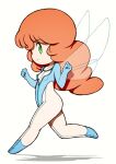  1girl beeru_(veil8801) blue_leotard breasts cham_fau closed_mouth collarbone commentary_request deformed fairy fairy_wings full_body gloved_sleeves green_eyes hands_up highleg highleg_leotard highres leotard long_hair orange_hair running seisenshi_dunbine shadow simple_background small_breasts smile solo transparent_wings white_background wings 