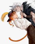 alternate_species animal_humanoid arm_wrapping arm_wraps bangs bottomwear canid canid_humanoid canine canine_humanoid cat_humanoid cat_tail claws cloak clothed clothing dancing death_(puss_in_boots) domestic_cat dreamworks duo ears_up eye_contact eyebrows felid felid_humanoid feline feline_humanoid felis fully_clothed green_eyes grin hair hakiku17 half-closed_eyes hand_holding hand_on_back hat headgear headwear human_ears humanoid leaning leaning_backward leaning_forward light_body light_skin looking_at_another looking_at_partner male male/male mammal mammal_humanoid medium_hair multi_ear nails narrowed_eyes orange_hair orange_tail pants pointy_ears poncho ponytail prick_ears puss_in_boots_(dreamworks) puss_in_boots_(franchise) red_eyes sharp_nails shirt side_view simple_background smile standing tabby_cat tail teeth topwear white_background white_hair wolf_ears wolf_humanoid wrapped_arms wraps