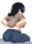  1girl akihitoevon arato_nagi arms_behind_back ass black_hair bra breasts brown_shirt denim facing_away highres huge_ass jeans large_breasts long_hair pants pocket ruri_no_houseki shirt short_sleeves sitting solo thick_thighs thighs underboob underwear white_background 