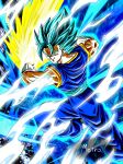  1boy arm_blade artist_name aura blue_background blue_eyes blue_hair blue_pants blue_sash blue_shirt boots commentary_request dragon_ball dragon_ball_super earrings energy_sword foot_out_of_frame gloves highres jewelry male_focus muscular muscular_male pants parted_lips potara_earrings sash shirt smirk solo spiked_hair super_saiyan super_saiyan_blue sword vegetto weapon white_boots white_gloves yamuchasiyagatte 