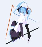  1girl arms_behind_back black_boots black_gloves black_skirt blue_hair boots bridal_gauntlets commentary from_behind gloves hair_between_eyes hatsune_miku looking_at_viewer looking_back sentakki skirt solo thigh_boots twintails untranslatable_commentary vocaloid 