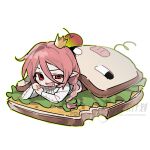  1boy absurdres androgynous animification bishounen braid bread character-themed_food chibi chibi_only crown fang food gold_crown hair_between_eyes highres humanization in_food lettuce long_hair long_sleeves looking_at_viewer male_focus minecraft minecraft_youtube mini_crown open_mouth pig_(minecraft) pink_hair pointed_crown pointy_ears qu_le_hua_yuan_yuan_zhu_min red_eyes sandwich shirt simple_background single_braid solo technoblade uneven_eyes watermark white_background white_shirt 