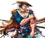  1boy bara beard beard_stubble belt biceps black_hair brown_eyes brown_hair commentary_request cowboy_shot facial_hair glowing glowing_weapon hat highres holding holding_sword holding_weapon japanese_clothes large_pectorals looking_at_viewer male_focus manly mature_male medium_hair muscular muscular_arms muscular_male original pants pectoral_cleavage pectorals recenama sheath simple_background smile solo straw_hat stubble sword veins veiny_arms weapon white_background 