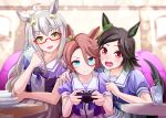  3girls ahoge animal_ears bandaid bandaid_on_cheek bandaid_on_face biwa_hayahide_(umamusume) black_hair blue_eyes blush bnw_(umamusume) bow bowtie breasts brown_hair collarbone commentary_request controller cup game_controller glasses grey_hair hair_between_eyes hair_ornament hairclip highres holding holding_controller holding_game_controller horse_ears horse_girl horse_tail long_hair multiple_girls narita_taishin_(umamusume) notebook open_mouth parted_lips pleated_skirt puffy_short_sleeves puffy_sleeves purple_bow purple_bowtie purple_shirt red-framed_eyewear red_eyes sailor_collar sailor_shirt school_uniform semi-rimless_eyewear shirt short_hair short_sleeves skirt smile sweatdrop swept_bangs tail torinosukei tracen_school_uniform umamusume under-rim_eyewear water white_sailor_collar white_skirt winning_ticket_(umamusume) yellow_eyes 