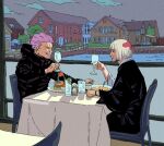  1boy 1other androgynous artist_name bob_cut dating gakuran grin hakari_kinji highres jovzkyanimation jujutsu_kaisen other_with_male purple_hair raised_glass red_hair restaurant school_uniform short_hair sitting smile spotted_hair tan uraume_(jujutsu_kaisen) white_hair 
