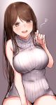  1girl :d bangs bare_arms bare_shoulders blush breasts brown_eyes brown_hair commentary_request eyebrows_visible_through_hair grey_background grey_sweater hand_up highres large_breasts long_hair looking_at_viewer mole mole_under_eye open_mouth original ribbed_sweater rinaka_moruchi sleeveless_sweater smile solo sweater 