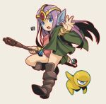  1girl 1other arm_up armlet blue_eyes boots bracelet brown_boots brown_cloak casting_spell cloak commentary_request cyclops esper_(saga) gem grey_background hair_ornament highleg highleg_leotard jewelry knee_boots leg_up leotard long_hair magic mawaru_(mawaru) monster one-eyed open_mouth pink_leotard purple_hair saga saga_1 saga_2 simple_background standing standing_on_one_leg teacher_(saga_2) thighs wand 