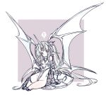  ! 1girl armor brown_eyes closed_mouth commentary_request dot_mouth dragon_girl dragon_horn dragon_wings eyebrows_hidden_by_hair flat_chest full_body gauntlets greaves highleg highleg_leotard hisui_(syarute) leotard long_hair looking_at_viewer original oversized_wings partially_colored pointy_ears sitting solo spoken_exclamation_mark very_long_hair wings 