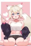  absurdres alternate_costume animal_ear_fluff animal_ears black_jacket black_shorts blonde_hair blue_eyes breasts commentary_request dog_ears dog_girl dog_tail heart highres holding hololive hololive_english jacket medium_hair mimikaki mococo_abyssgard multicolored_hair navel pink_streaks shirt shorts small_breasts streaked_hair tail virtual_youtuber white_shirt yuni_animal_(remyi_3) 
