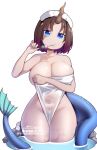  1girl breasts brown_hair brown_horns cleavage collarbone dango dragon_tail eating elma_(maidragon) food highres horns hot_vr kobayashi-san_chi_no_maidragon large_breasts looking_at_viewer naked_towel onsen partially_submerged patreon_username short_hair simple_background single_horn solo subscribestar_username tail towel wagashi white_background 