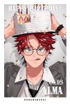  1boy absurdres alma_(gokurakugai) birthday_date black-framed_eyewear black_necktie border cake character_name commentary copyright_name english_commentary fang food gokurakugai grey_jacket happy_birthday highres holding holding_cake holding_food jacket looking_at_viewer male_focus necktie official_art red_hair sano_yuuto skin_fang solo tongue tongue_out v-shaped_eyebrows watch white_border wristwatch 