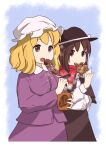  2girls black_capelet black_hat black_skirt blonde_hair bow brown_eyes brown_hair buttons capelet collared_shirt commentary contrast_collar food food_request hat hat_bow highres holding holding_food long_sleeves looking_at_another maribel_hearn medium_hair mob_cap morizou_shi multiple_girls open_mouth purple_shirt purple_skirt red_scarf scarf shirt shirt_tucked_in skirt touhou usami_renko white_bow white_hat white_shirt yellow_eyes 