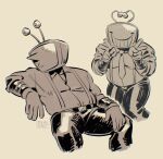  1boy ant_tenna artist_name belt_buckle buckle closed_mouth crt deltarune english_commentary gloves grid_teeth highres long_nose looking_at_viewer looking_to_the_side male_focus monochrome object_head officialspec pointy_nose radio_antenna smile solo thighs utdr_(toby_fox) v 