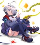  1girl :o absurdres ahoge armband asymmetrical_gloves backpack bag black_boots black_bow black_panties blue_eyes blush blush_stickers bomb bombergirl bomberman boots bow bowtie breasts caution_tape character_hair_ornament closed_mouth collared_shirt commentary_request cube double_v explosive fuse gloves gray_(bombergirl) grey_hair grey_hoodie hair_ornament hair_over_one_eye helmet highres hood hoodie large_breasts lit_fuse looking_at_viewer max_(bomberman) medium_hair open_mouth panties pantyshot plaid_clothes plaid_skirt purple_skirt sharekoube shirt shoelaces simple_background sitting skirt smile solo speech_bubble tail thighhighs thighs thought_bubble underwear uneven_gloves v white_background white_shirt zettai_ryouiki 