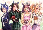  4girls absurdres ahoge animal_ears bag blonde_hair blue_hair blue_jacket blush bow box braid breasts brown_hair buckle casual cesario_(casual)_(umamusume) cesario_(umamusume) chocolate collared_shirt commentary_request crown_braid dress ear_covers ear_ribbon fusaichi_pandora_(casual)_(umamusume) fusaichi_pandora_(umamusume) gift gift_box green_bow green_dress green_eyes hair_between_eyes hair_bun hair_ornament heart heart-shaped_buckle highres holding holding_bag holding_box horse_ears horse_girl horse_tail jacket jewelry kanaga king_halo_(casual)_(umamusume) king_halo_(umamusume) long_hair long_sleeves looking_at_viewer medium_breasts medium_hair multicolored_hair multiple_girls neck_ribbon necklace one_eye_closed open_clothes open_jacket open_mouth overalls pants pink_overalls pink_skirt purple_eyes red_eyes rhein_kraft_(casual)_(umamusume) rhein_kraft_(umamusume) ribbon shirt skirt smile striped_clothes striped_dress tail team_ascella twintails umamusume vertical-striped_clothes vertical-striped_dress white_shirt yellow_shirt 