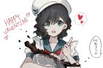  1girl apron black_hair blush bowl chocolate commentary_request english_text green_eyes hair_behind_ear happy_valentine hat heart highres holding holding_bowl looking_at_viewer medium_hair mitsusame murasa_minamitsu parted_lips sailor_collar sailor_hat school_uniform serafuku short_sleeves smile solo speech_bubble spoken_heart teeth touhou translation_request upper_body upper_teeth_only valentine white_apron white_background 