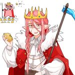  1boy androgynous animal animalization animification ascot bishounen braid cape chinese_commentary clothed_animal commentary_request crown fur-trimmed_cape fur_trim gold_crown hair_between_eyes highres holding holding_hoe humanization hypixel hypixel_skyblock jeweled_crown jewelry libiezhiyu long_hair long_sleeves looking_at_viewer male_focus minecraft minecraft_youtube person_and_animalization pig pink_hair pointed_crown pointy_ears potato rearing red_cape red_eyes scar scar_on_face scar_on_nose shirt side_braid single_braid solo technoblade upper_body white_ascot white_shirt 