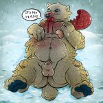 2022 animal_genitalia anthro autumn23 balls bear black_pawpads blood blood_on_fur blood_on_mouth bodily_fluids claws dialogue digital_drawing_(artwork) digital_media_(artwork) english_text facial_scar feet food fully_sheathed fur genitals hi_res hindpaw his_dark_materials holding_food holding_meat holding_object iorek_byrnison lying male mammal meat navel nude on_back panserbjorn pawpads paws pecs scar shaded sheath snout snout_scar snow snowing solo speech_bubble tail text toe_claws white_body white_fur