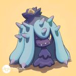  artist_name blue_eyes colored_sclera english_text fangs highres looking_at_viewer mareanie no_humans one_eye_closed pokefuseme pokemon pokemon_(creature) simple_background solo spikes yellow_background yellow_sclera 