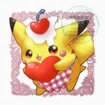  animal_focus apron brown_eyes commentary_request full_body heart holding no_humans open_mouth pikachu pikachu_(assorted_chocolates_2024) pokemon pokemon_(creature) pokemon_focus smile solo tsukasa_pika whipped_cream 