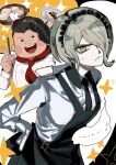  ... 1boy 1girl absurdres black_gloves black_necktie blonde_hair blush_stickers brown_hair chef chef_hat collared_shirt commentary_request danganronpa_(series) danganronpa_2:_goodbye_despair danganronpa_v3:_killing_harmony eyelashes fat fat_man food frown glaring gloves green_eyes hair_over_one_eye hanamura_teruteru hands_on_own_hips hat highres index_finger_raised leaning_forward long_sleeves looking_at_viewer maid mini_chef_hat mini_hat necktie open_mouth pompadour r4tanuki shirt short_hair smile sparkle speech_bubble spoken_ellipsis sweatdrop tojo_kirumi white_shirt 