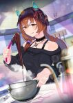 1girl absurdres animal_ears baking bandaid bandaid_on_hand bare_shoulders black_choker black_shirt black_veil blush bowl breasts brown_hair chocolate choker closed_mouth collarbone commentary_request doushi_tatsu_to_dekkai_no ear_covers ear_ribbon hair_between_eyes highres holding holding_spatula horse_ears horse_girl kitchen long_hair long_sleeves mixing_bowl multicolored_hair off-shoulder_shirt off_shoulder red_eyes red_ribbon ribbon shirt small_breasts smile solo spatula still_in_love_(umamusume) tongue tongue_out umamusume veil veins white_streaks 