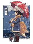  1girl 1other 2017 animal_ears black_hair blue_coat bob_cut border closed_mouth coat commentary_request fox_ears fox_girl fox_tail full_body grey_scarf holding holding_umbrella jacket kitsune kukuri_(mawaru) long_sleeves mawaru_(mawaru) multiple_tails orange_scarf original outdoors red_eyes red_jacket scarf short_hair snowing standing tail umbrella white_border winter winter_clothes winter_coat winter_uniform 