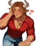  1boy animal_ears arm_up belt belt_buckle blue_pants blush box braid brown_belt brown_eyes buckle collared_shirt commentary cow_boy cow_ears cowboy_shot denim english_commentary foggy_sparrow heart heart-shaped_box holding holding_box horns jeans long_hair looking_to_the_side male_focus open_collar original pants parted_hair red_shirt shirt sideways_glance simple_background single_braid solo twitter_username valentine white_background 